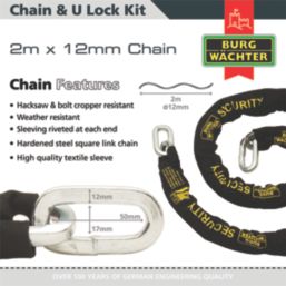 Burg-Wachter Hardened Steel Heavy Duty Security Kit:  Chain, Motorbike Lock & Anchor  2m x 12mm