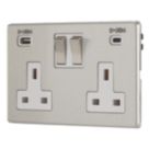 Contactum Lyric 13A 2-Gang DP Switched Socket + 4.8A 24W 2-Outlet Type A & C USB Charger Brushed Stainless Steel with White Inserts