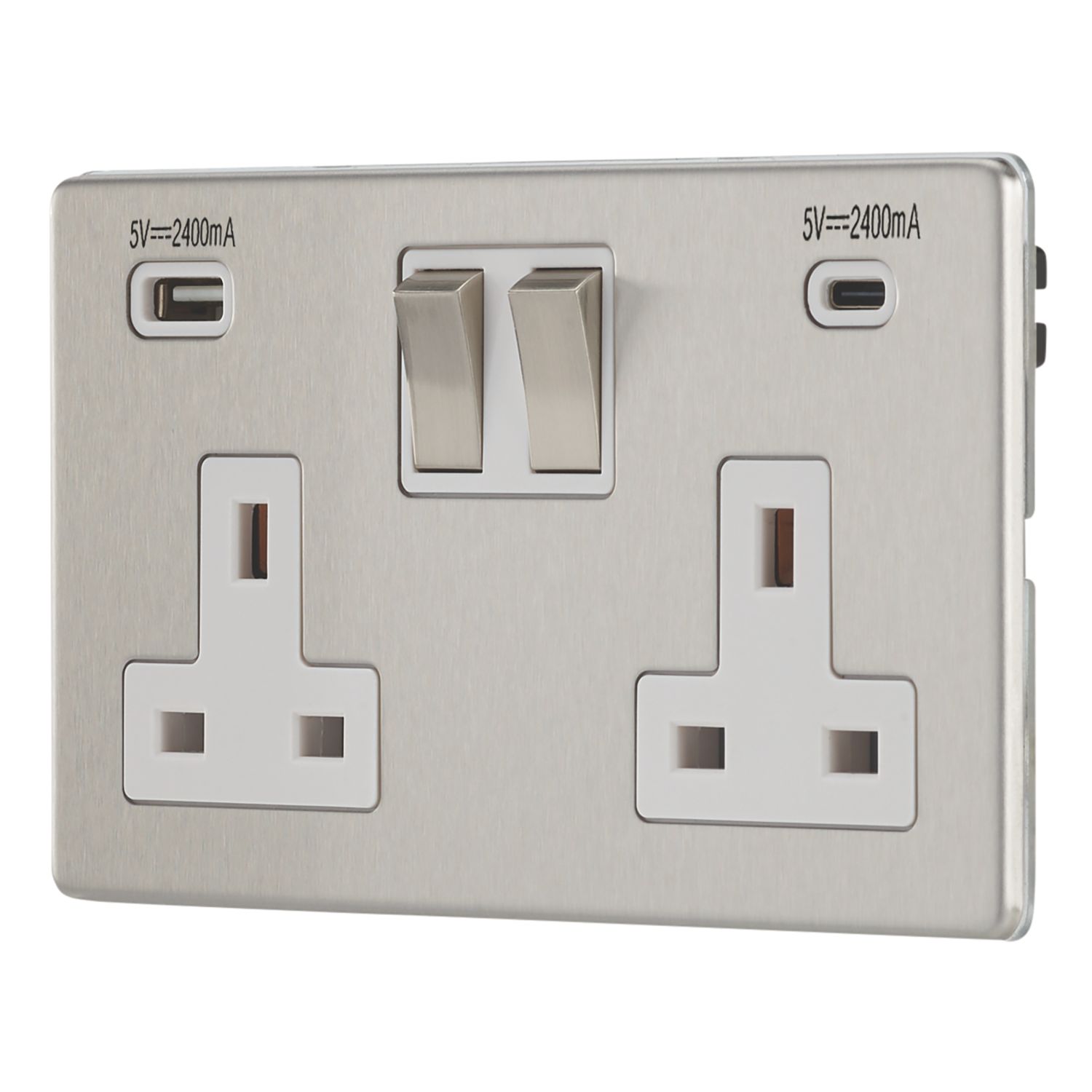 Contactum Lyric 13A 2-Gang DP Switched Socket + 4.8A 24W 2-Outlet Type A & C USB Charger Brushed Stainless Steel with White Inserts (716RP)