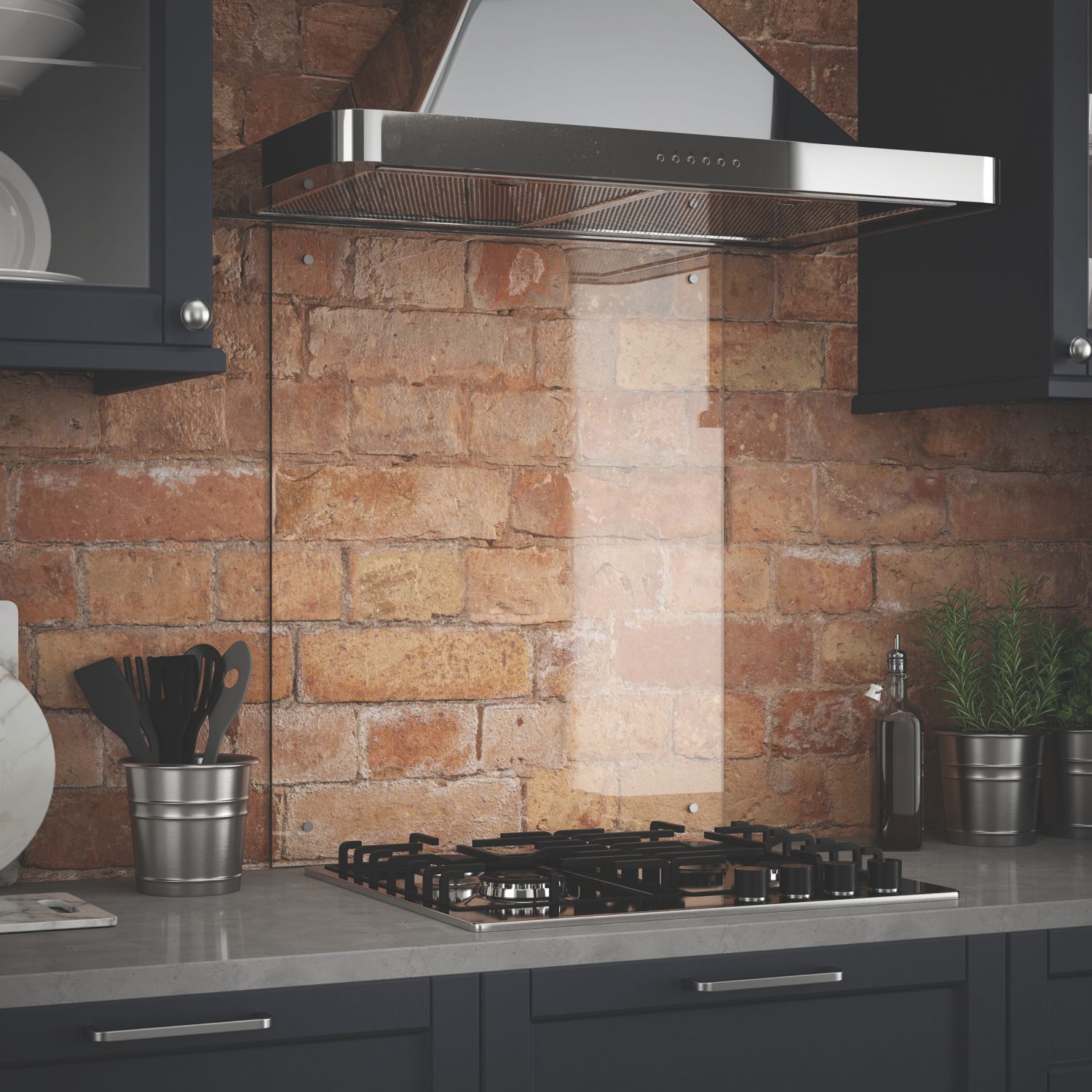 Splashback Clear with Brushed Chrome Caps Kitchen Splashback 600mm x 700mm x 6mm (716YR)
