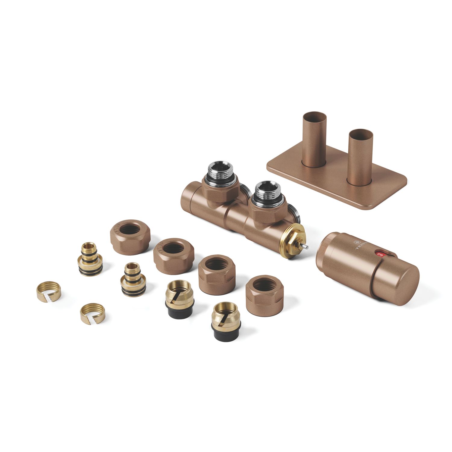 Terma Twins All-in-One Integrated Copper 50mm Designer Angled H Block Right Thermostatic Radiator Valve & Lockshield (717RH)