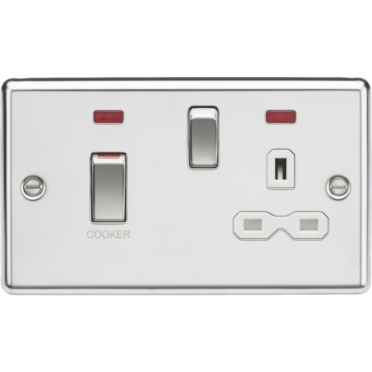 Knightsbridge 45A 2-Gang DP Cooker Switch & 13A DP Switched Socket Polished Chrome with LED with White Inserts (717TY)
