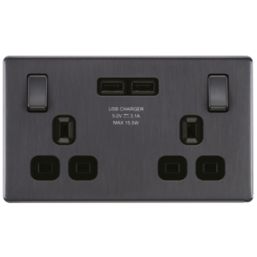 LAP  13A 2-Gang SP Switched Socket + 3.1A 15.5W 2-Outlet Type A USB Charger Slate Grey with Black Inserts
