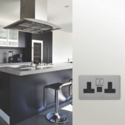 Varilight  13A 2-Gang SP Switched Socket + 3A 45W 2-Outlet Type C USB Charger Brushed Steel with Black Inserts