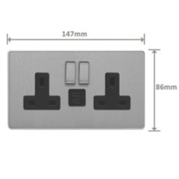 Varilight  13A 2-Gang SP Switched Socket + 3A 45W 2-Outlet Type C USB Charger Brushed Steel with Black Inserts