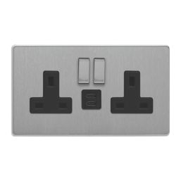 Varilight  13A 2-Gang SP Switched Socket + 3A 45W 2-Outlet Type C USB Charger Brushed Steel with Black Inserts