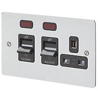 MK Edge 45A 2-Gang DP Cooker Switch & 13A DP Switched Socket Polished Chrome with Neon with Black Inserts