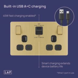 LAP  13A 2-Gang SP Switched Socket + 3A 45W 2-Outlet Type A & C USB Charger Satin Brass with Black Inserts
