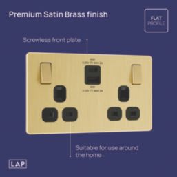 LAP  13A 2-Gang SP Switched Socket + 3A 45W 2-Outlet Type A & C USB Charger Satin Brass with Black Inserts