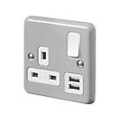 MK Contoura 13A 1-Gang DP Switched Socket + 2A 2-Outlet Type A USB Charger Grey with White Inserts