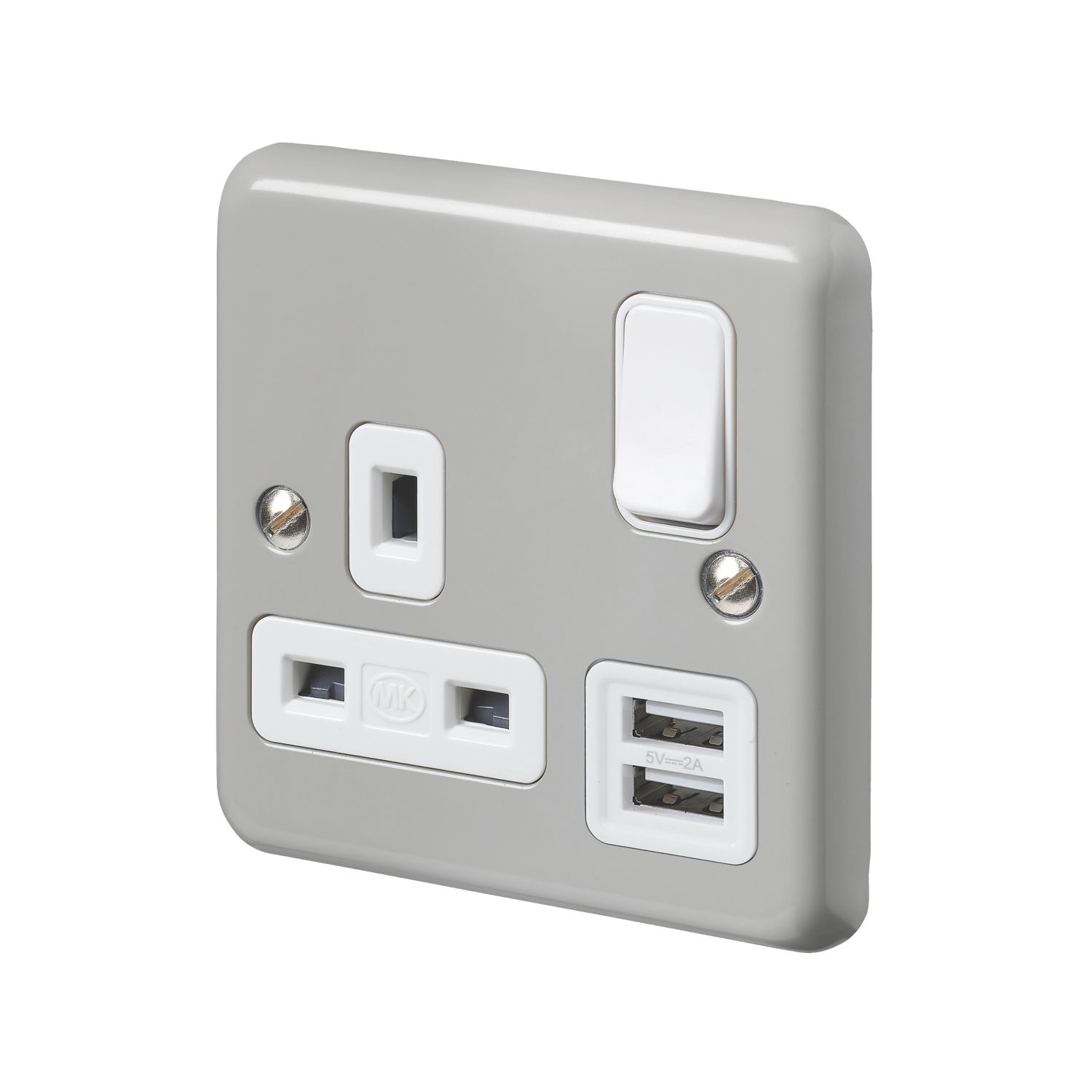 MK Contoura 13A 1-Gang DP Switched Socket + 2A 10.5W 2-Outlet Type A USB Charger Grey with White Inserts (719RG)
