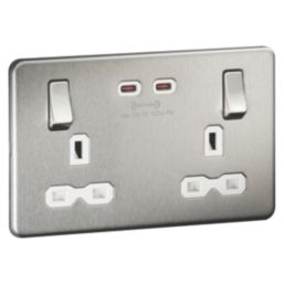 Knightsbridge  13A 2-Gang DP Switched Socket + 3.25A 65W 2-Outlet Type C USB Charger Brushed Chrome with White Inserts