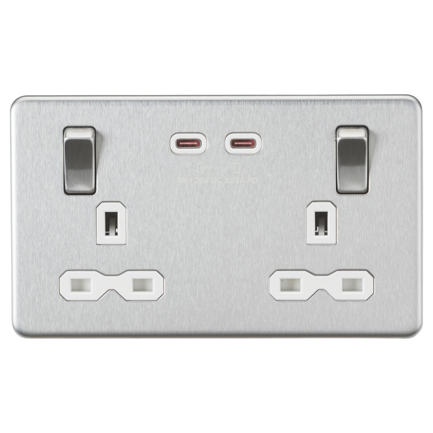 Knightsbridge 13A 2-Gang DP Switched Socket + 3.25A 65W 2-Outlet Type C USB Charger Brushed Chrome with White Inserts (720CR)
