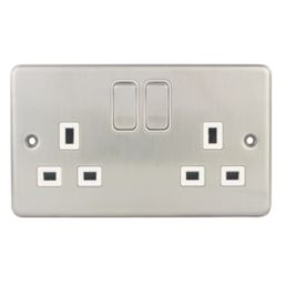 Hager Sollysta WRSS82BSW 13A 2-Gang 2P+E Switched Socket Brushed Stainless Steel  with White Inserts