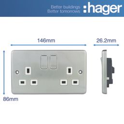 Hager Sollysta WRSS82BSW 13A 2-Gang 2P+E Switched Socket Brushed Stainless Steel  with White Inserts