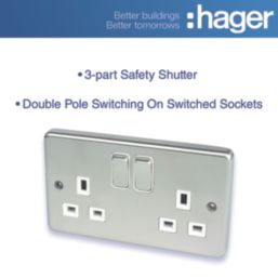 Hager Sollysta WRSS82BSW 13A 2-Gang 2P+E Switched Socket Brushed Stainless Steel  with White Inserts