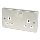 Hager Sollysta WRSS82BSW 13A 2-Gang 2P+E Switched Socket Brushed Stainless Steel  with White Inserts