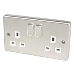 Hager Sollysta WRSS82BSW 13A 2-Gang 2P+E Switched Socket Brushed Stainless Steel  with White Inserts