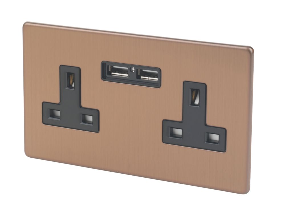 Varilight  13AX 2-Gang Unswitched Socket + 2.1A 10.5W 2-Outlet Type A USB Charger Brushed Bronze with Black Inserts