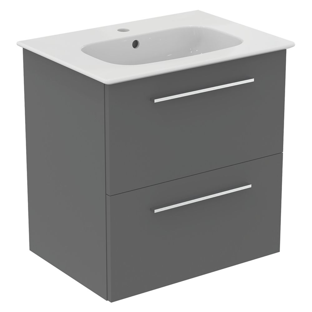 Ideal Standard i.life A Wall-Hung Vanity Unit with Chrome Handles & Basin Matt Grey 600mm x 440mm x 630mm