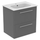 Ideal Standard i.life A Wall-Hung Vanity Unit with Chrome Handles & Basin Matt Quartz Grey 600mm x 440mm x 630mm