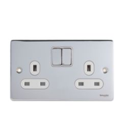 Schneider Electric Ultimate Low Profile 13A 2-Gang SP Switched Plug Socket Polished Chrome  with White Inserts