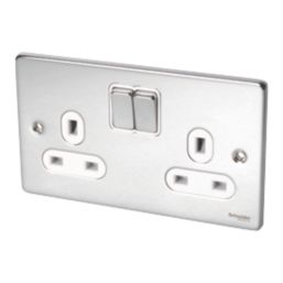 Schneider Electric Ultimate Low Profile 13A 2-Gang SP Switched Plug Socket Polished Chrome  with White Inserts