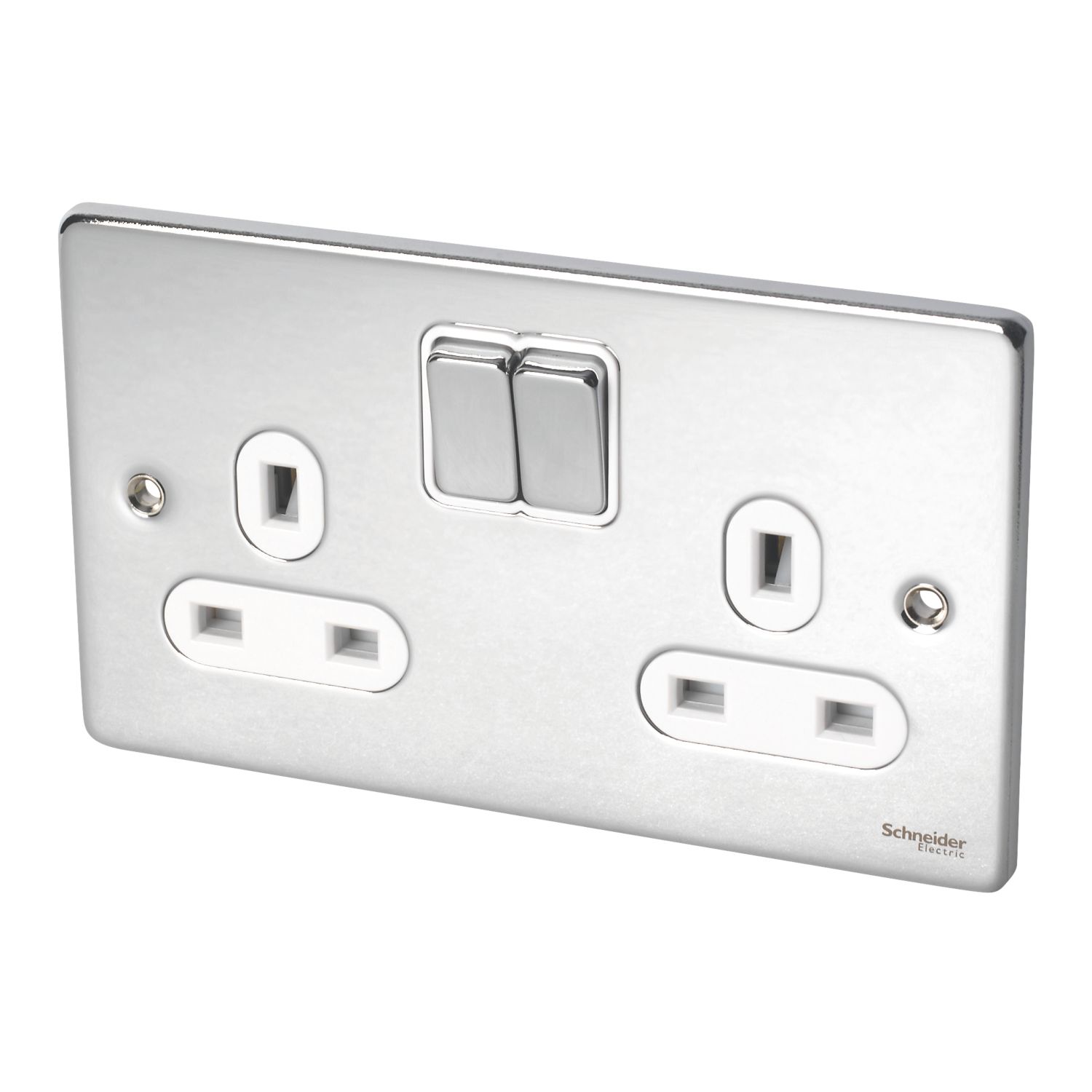 Schneider Electric Ultimate Low Profile 13A 2-Gang SP Switched Plug Socket Polished Chrome with White Inserts (7233J)