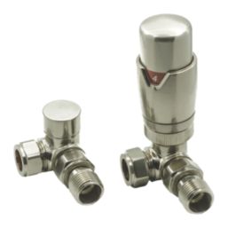 Reina Modal TRV 15mm x 15mm Brushed Corner & L/S Designer Thermostatic Radiator Valve & Lockshield