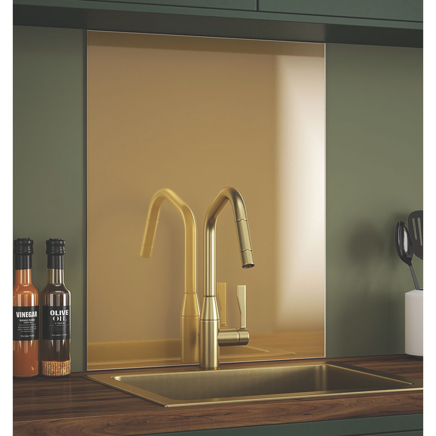 Splashback Brass Self-Adhesive Glass Kitchen Splashback 600mm x 750mm x 6mm (723RX)