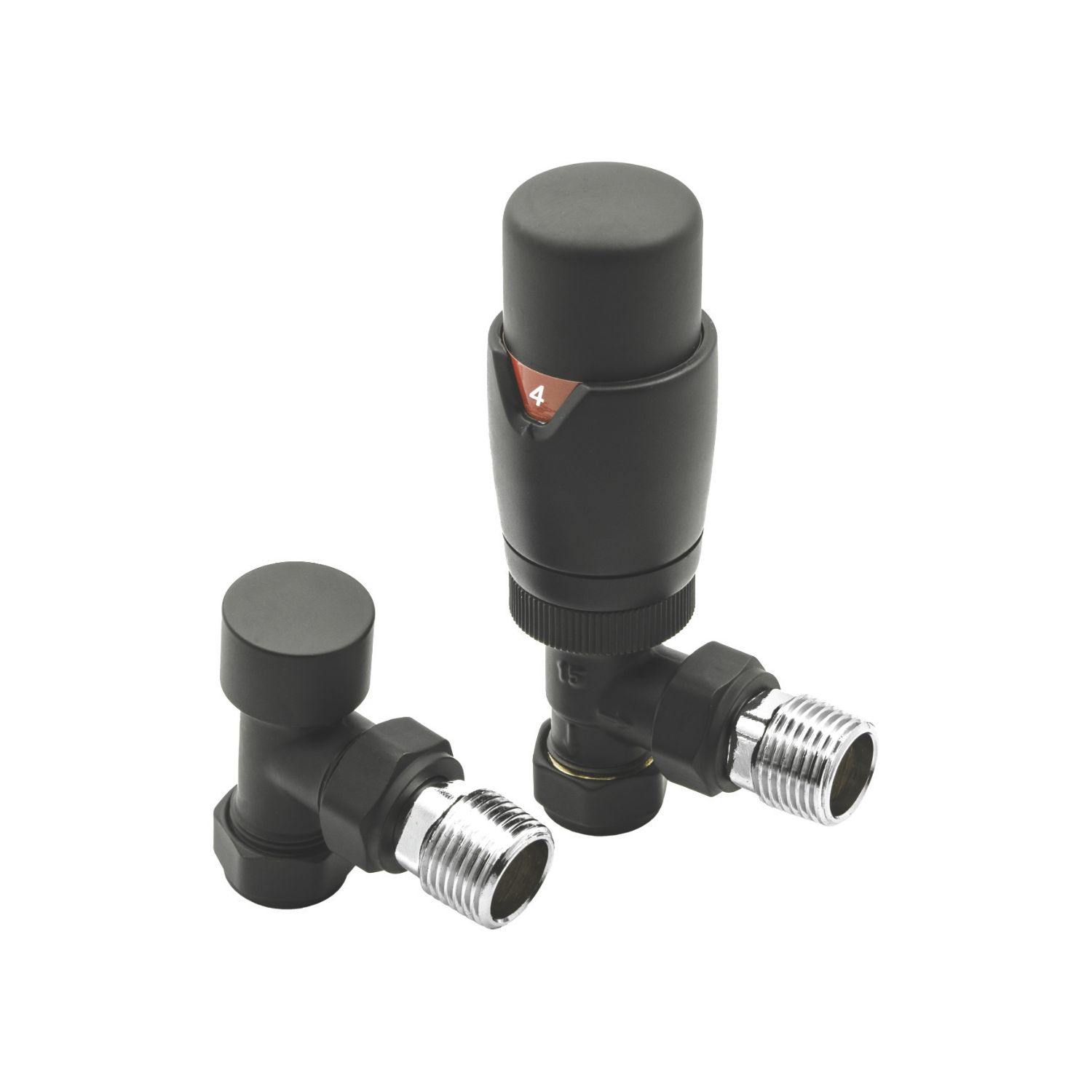 Reina Modal TRV 15mm x 15mm Black Angled & L/S Designer Thermostatic Radiator Valve & Lockshield (724EE)