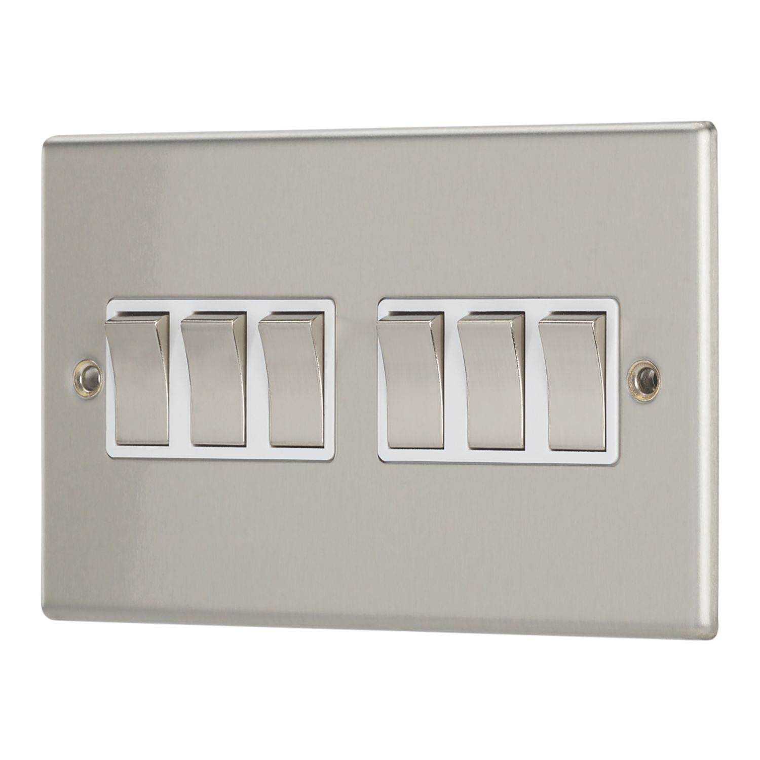 Contactum iConic 10AX 6-Gang 2-Way Light Switch Brushed Steel with White Inserts (724RK)