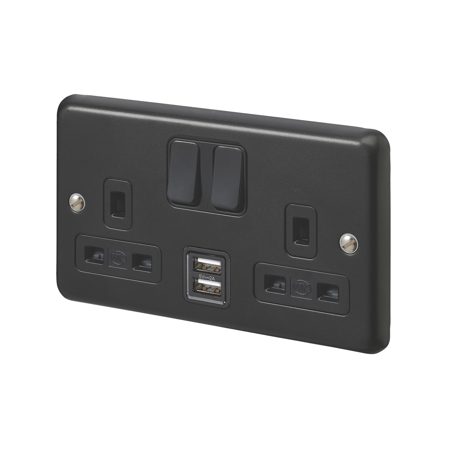 MK Contoura 13A 2-Gang DP Switched Socket + 2A 10.5W 2-Outlet Type A USB Charger Black with Colour-Matched Inserts (726RG)