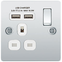 LAP  13A 1-Gang SP Switched Socket + 2.1A 2-Outlet Type A USB Charger Polished Chrome with White Inserts