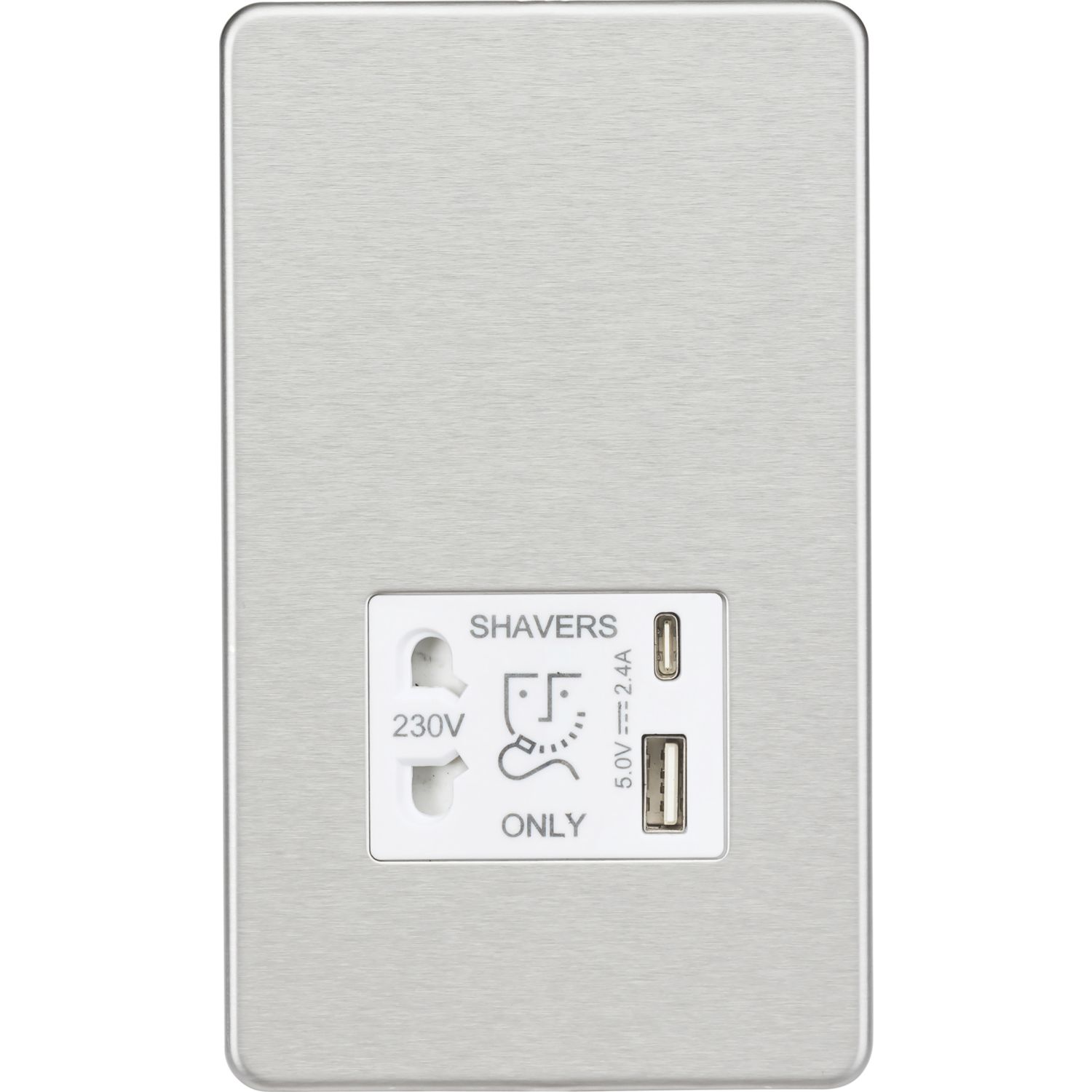 Knightsbridge 2-Gang Single Voltage Shaver Socket+ 2.4A 12W 2-Outlet Type A & C USB Charger 230V Brushed Chrome with White Inserts (727PX)