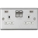 Knightsbridge  13A 2-Gang SP Switched Socket + 2.4A 12W 2-Outlet Type A USB Charger Brushed Chrome with White Inserts