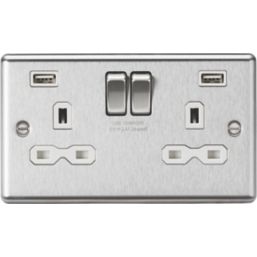 Knightsbridge CL9224BCW 13A 2-Gang SP Switched Socket + 2.4A 2-Outlet Type A USB Charger Brushed Chrome with White Inserts