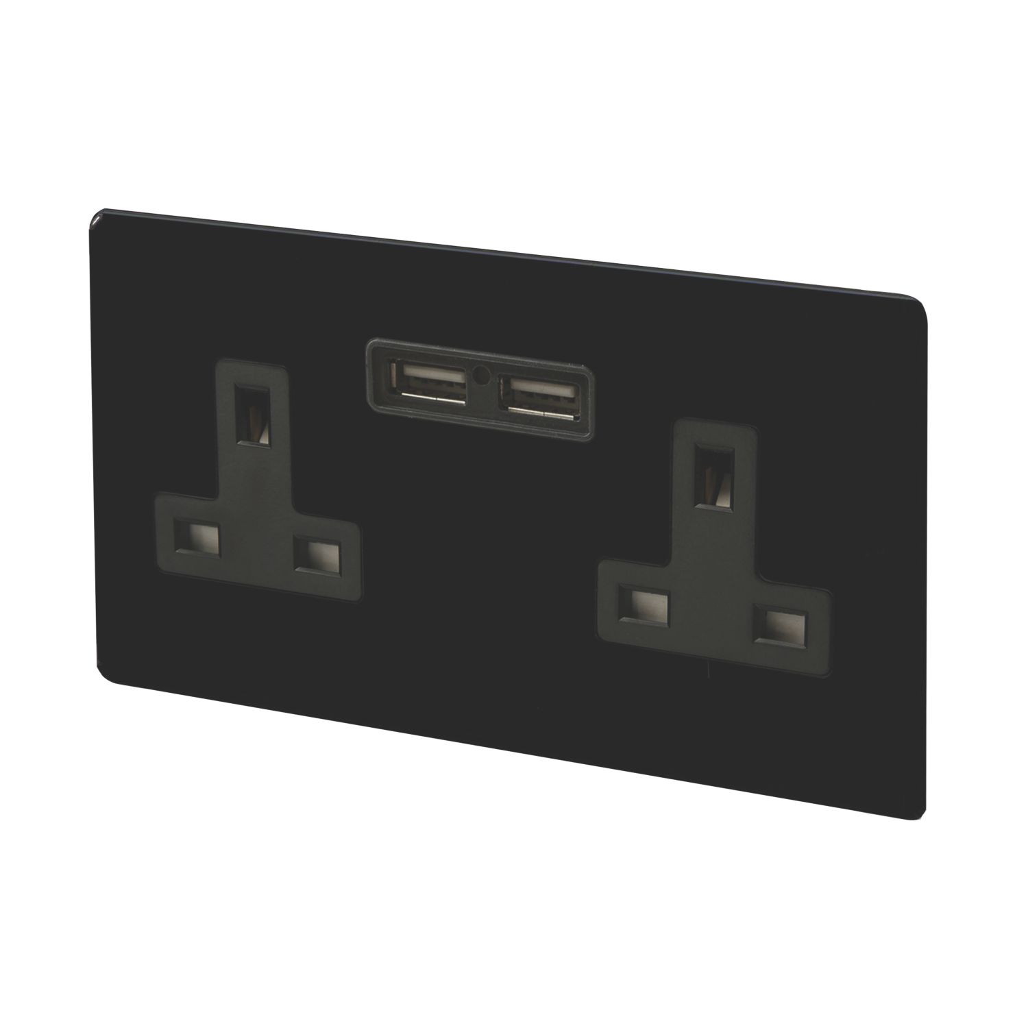 Varilight 13AX 2-Gang Unswitched Socket + 2.1A 10.5W 2-Outlet Type A USB Charger Jet Black with Black Inserts (7295F)