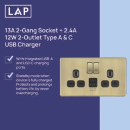 LAP  13A 2-Gang SP Switched Socket + 2.4A 12W 2-Outlet Type A & C USB Charger Antique Brass with Black Inserts