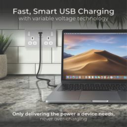 British General Evolve 13A 2-Gang SP Switched Socket + 3A 45W 2-Outlet Type A & C USB Charger Brushed Steel with White Inserts