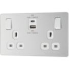 British General Evolve 13A 2-Gang SP Switched Socket + 3A 45W 2-Outlet Type A & C USB Charger Brushed Steel with White Inserts