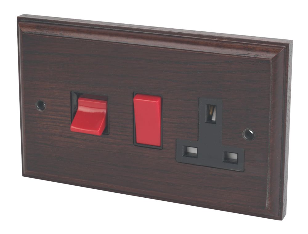 Varilight  45AX 2-Gang DP Cooker Switch & 13A DP Switched Socket Dark Oak  with Black Inserts
