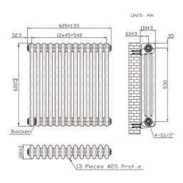 Flomasta 600mm x 605mm 2580BTU Black Horizontal 3 Column Radiator