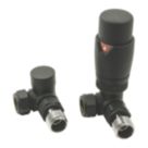 Reina Modal TRV 15mm x 15mm Black Corner & L/S Designer Thermostatic Radiator Valve & Lockshield