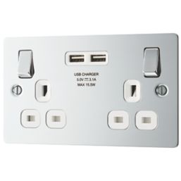 LAP  13A 2-Gang SP Switched Socket + 3.1A 15.5W 2-Outlet Type A USB Charger Polished Chrome with White Inserts