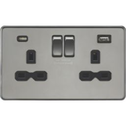 Knightsbridge  13A 2-Gang SP Switched Socket + 4.0A 20W 2-Outlet Type A & C USB Charger Black Nickel with Black Inserts