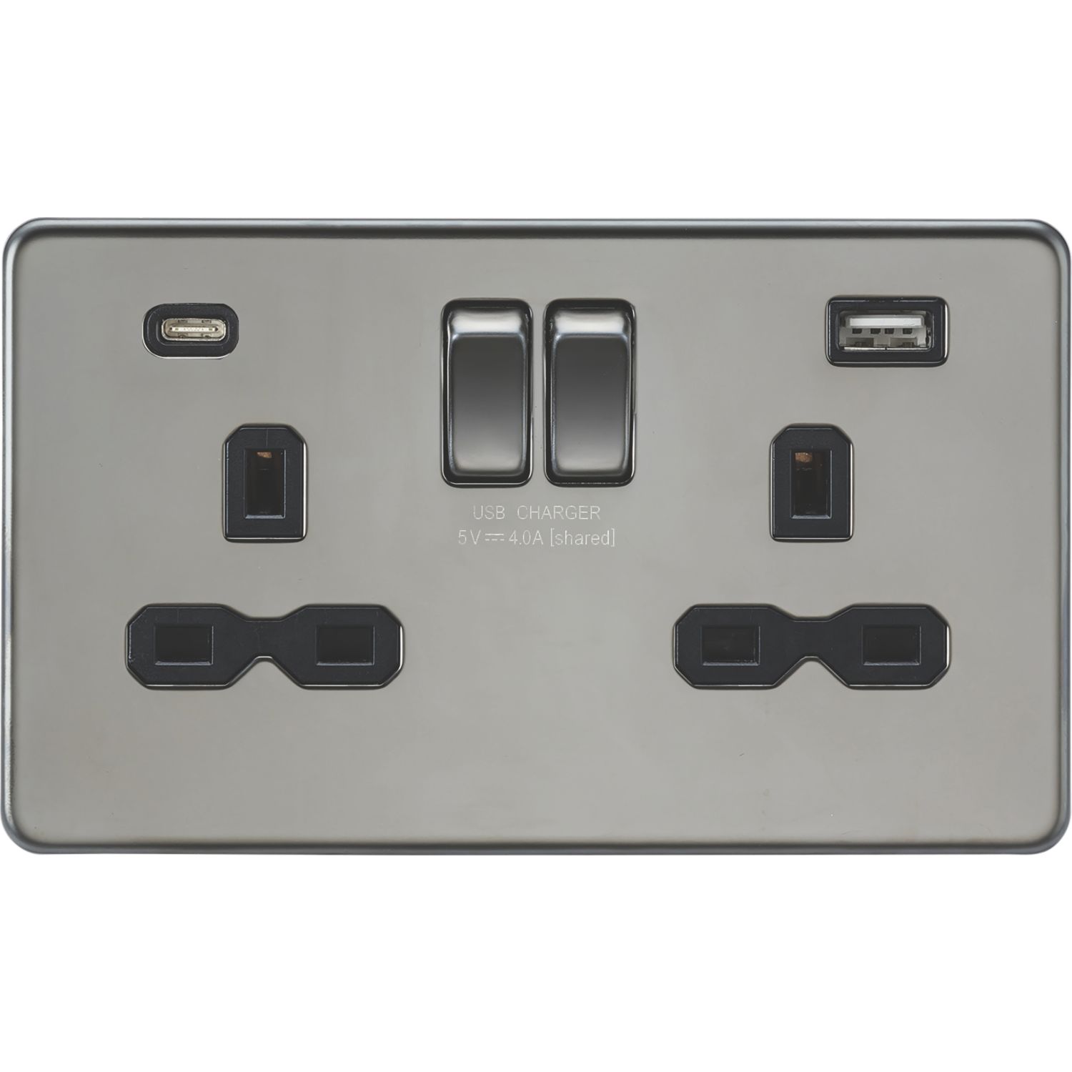 Knightsbridge 13A 2-Gang SP Switched Socket + 4.0A 20W 2-Outlet Type A & C USB Charger Black Nickel with Black Inserts (732PY)