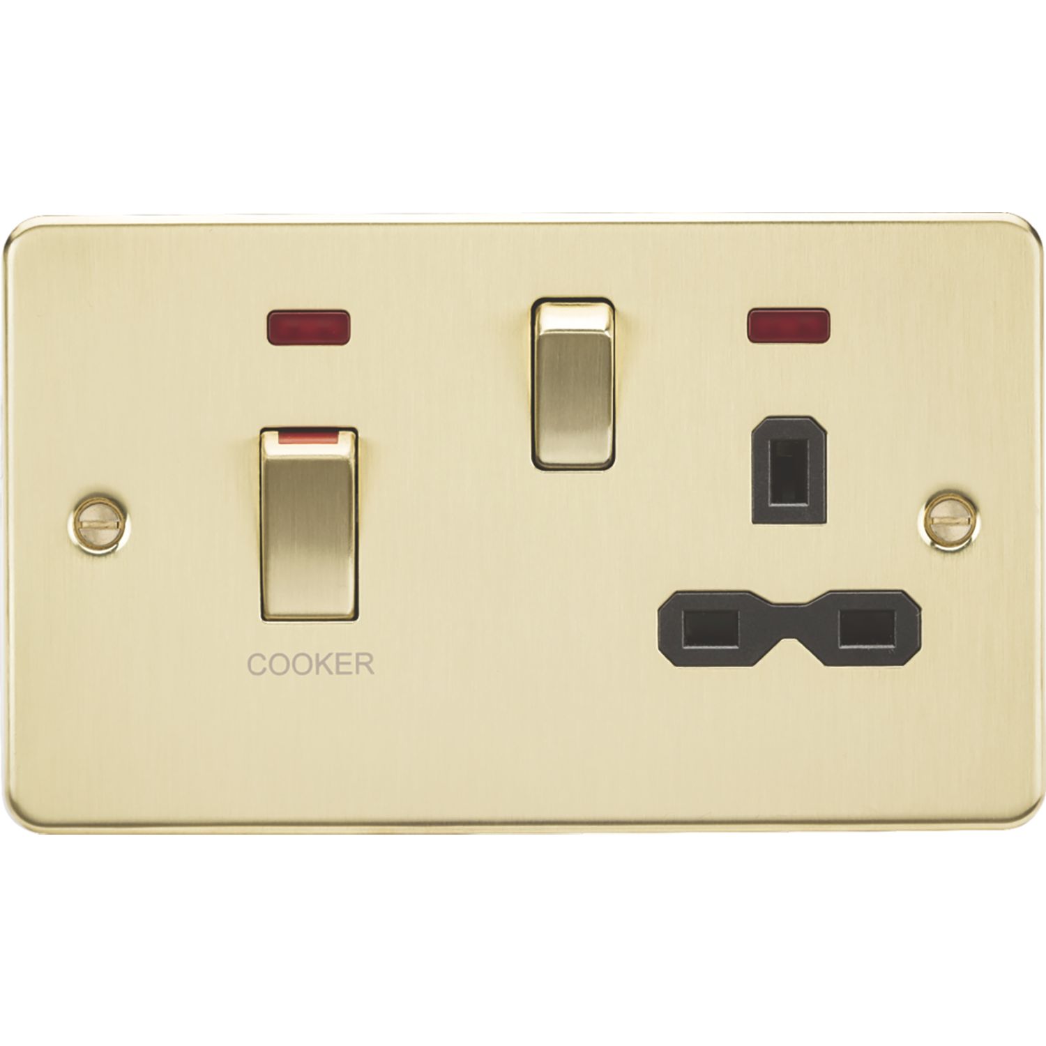 Knightsbridge 45A 2-Gang DP Cooker Switch & 13A DP Switched Socket Brushed Brass with LED with Black Inserts (733VR)