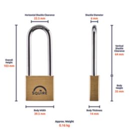 Squire Lion Brass  Weatherproof Long Shackle  Padlock 40mm
