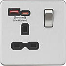 Knightsbridge SFR9919BC 13A 1-Gang SP Switched Socket + 4.0A 2-Outlet Type A & C USB Charger Brushed Chrome with Black Inserts